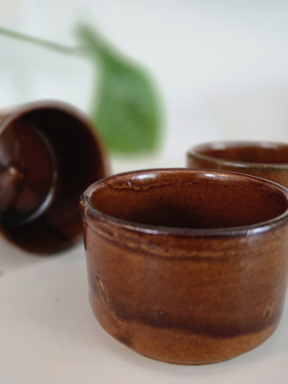 Handsliced Brown Glazed Ceramic Ramekins - Set of 3